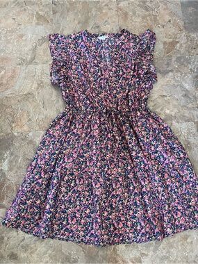Time and Tru Pink and Navy Floral Ruffle-Sleeve Dress